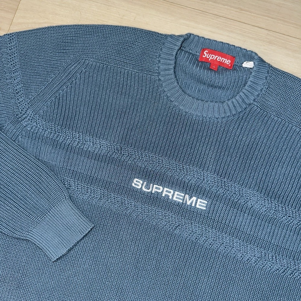 SS18 SUPREME CHEST STRIPE RAGLAN SWEATER Blue WHITE SIZE LARGE‎ STREETWEAR HYPE